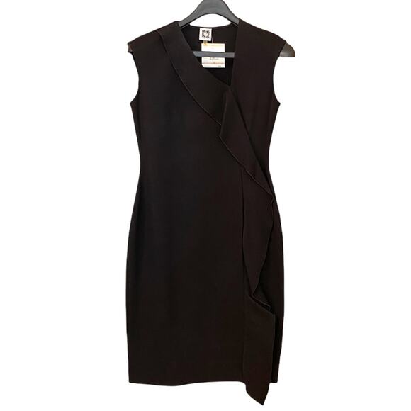 Anne Klein Cap Sleeve Cascade Ruffle Sheath Black Dress Size 2 - Picture 1 of 10